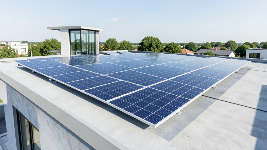 photovoltaique toit plat installé sur le toit d'une maison moderne, vue en haute résolution avec lumière naturelle