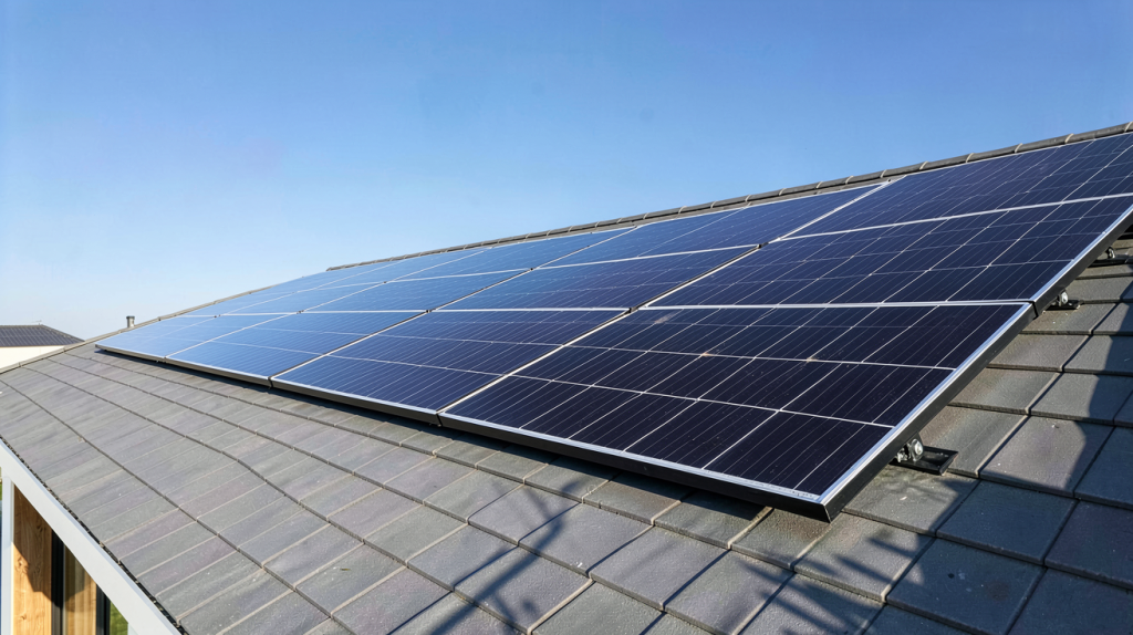 photovoltaïque toiture installée sur une maison contemporaine avec des panneaux solaires noirs