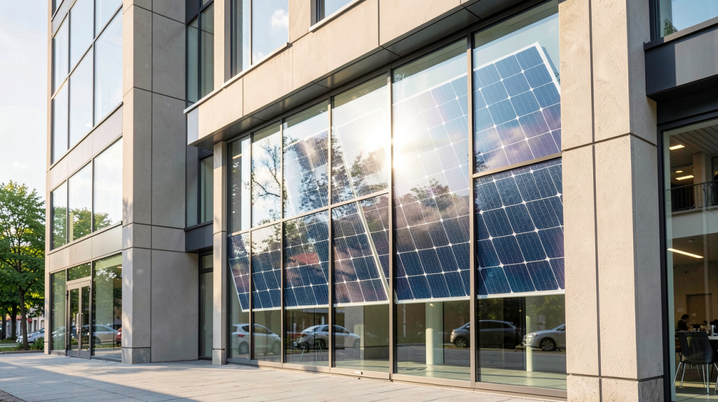 photovoltaïque transparent intégré dans la façade d'un bâtiment urbain moderne