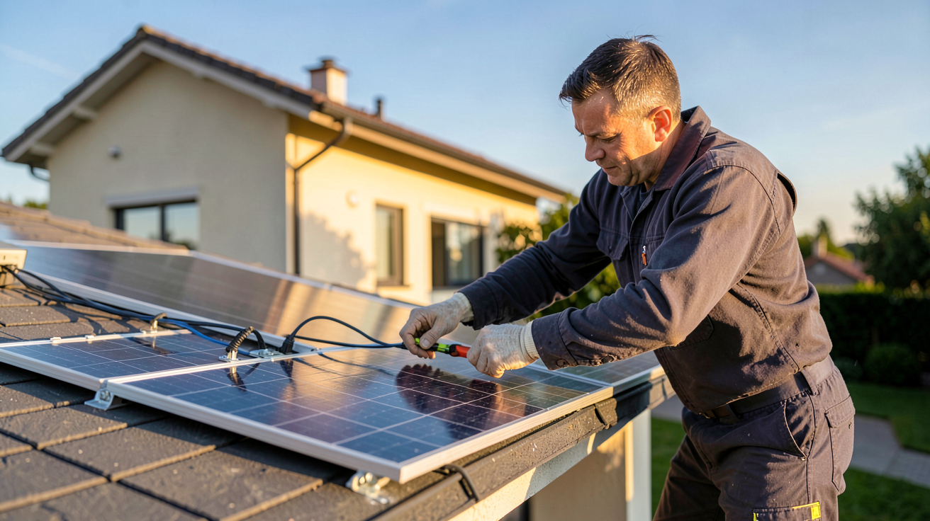 photovoltaique verlaine processus clé en main technicien installant des panneaux solaires sur un toit
