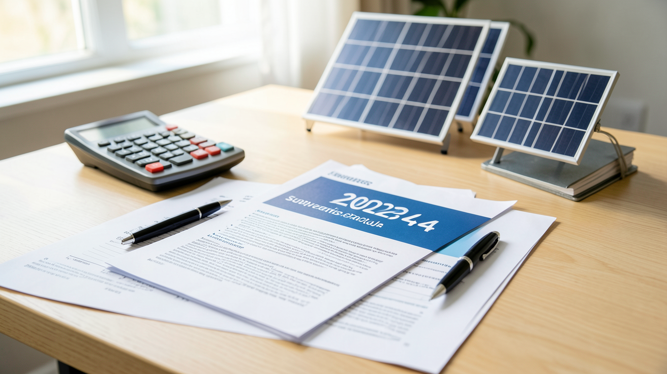 photovoltaïques aides financières 2024 guide des subventions sur une table avec documents et calculatrice