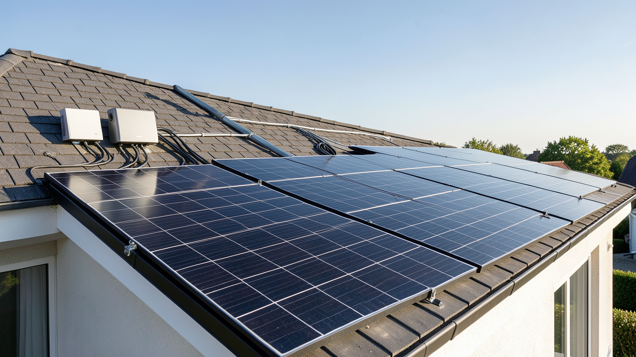 photovoltaiques installation complète de panneaux solaires sur le toit d'une maison individuelle avec onduleur et câblage organisé