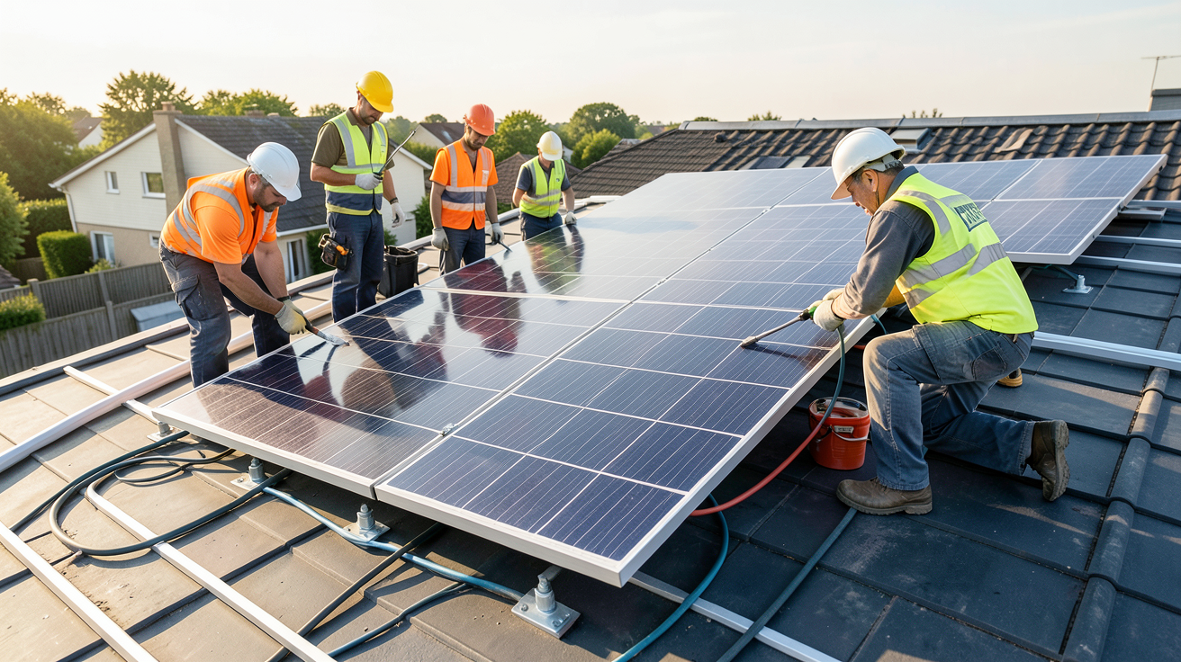 pile photovoltaïque en cours d'installation sur un toit résidentiel avec des techniciens professionnels