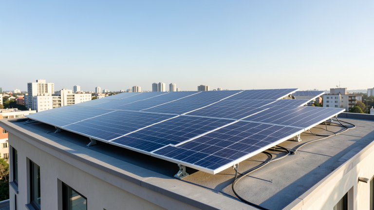 pile photovoltaïque installée sur le toit d'une maison urbaine moderne avec ciel dégagé en arrière-plan