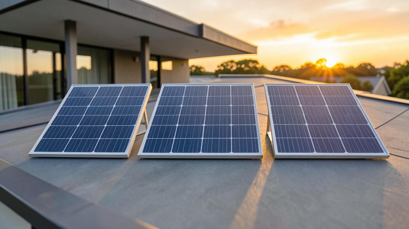 pile photovoltaïque présentant trois types de panneaux solaires monocristallins, polycristallins et à couches minces installés sur un toit de maison