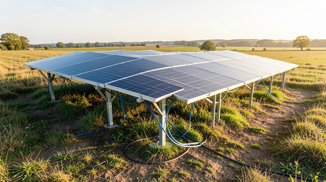 placement panneaux photovoltaïques : installation au sol d'un champ de panneaux solaires dans un environnement rural
