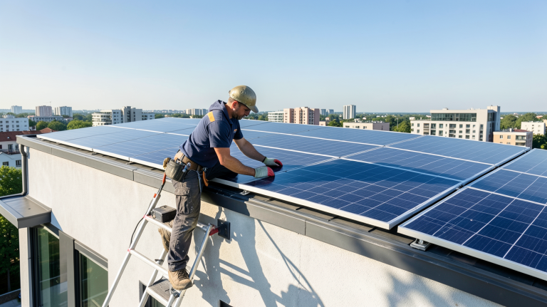 placement panneaux photovoltaïques sur le toit d'une maison urbaine moderne par un professionnel