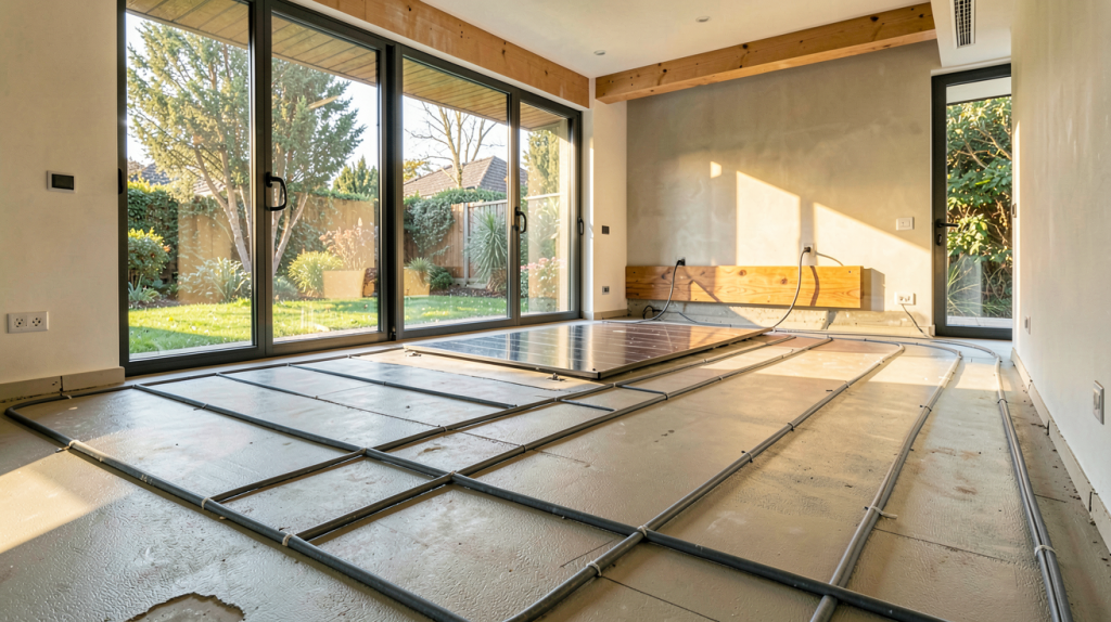 plancher chauffant solaire en cours d'installation dans une maison contemporaine avec des tuyaux visibles sous une chape fraîche et une lumière naturelle traversant de grandes baies vitrées