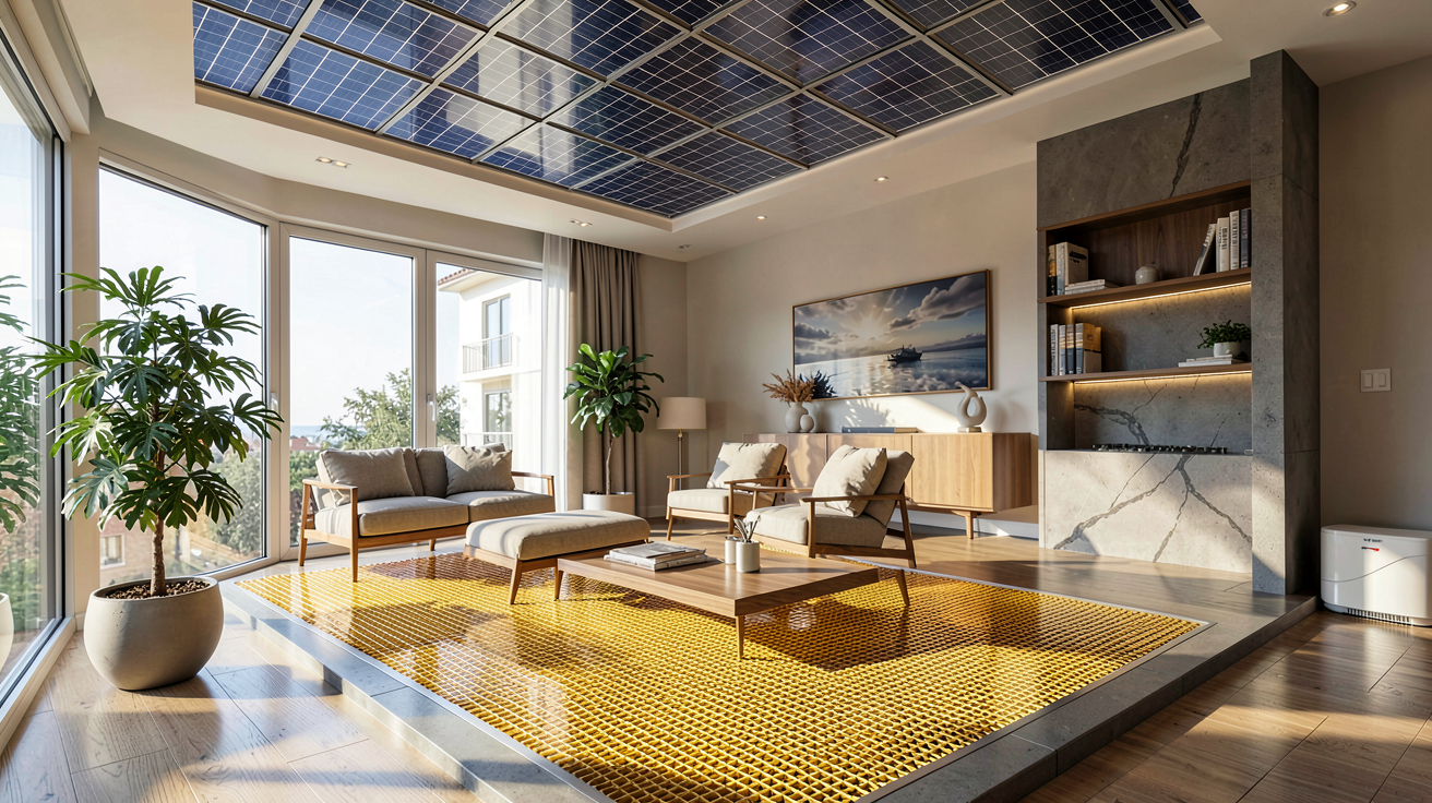 plancher chauffant solaire illustrant un revêtement de sol chauffé par l'énergie solaire, avec des tuyaux visibles sous le parquet et des panneaux solaires sur le toit, photo professionnelle haute résolution.