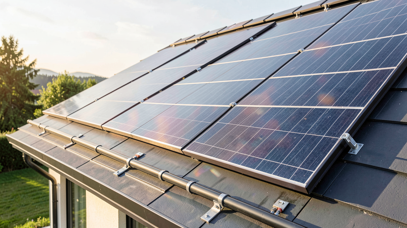 plancher chauffant solaire avec panneaux solaires thermiques installés sur le toit d'une maison moderne
