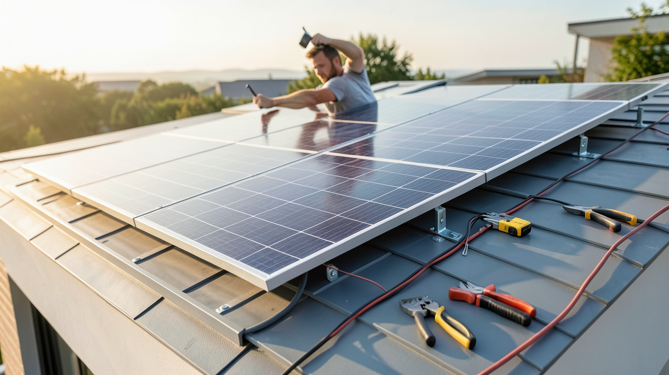 plaque photovoltaïque en cours d'installation sur toit résidentiel avec matériel visible