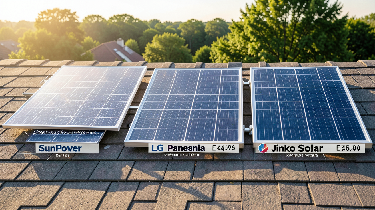 plaque photovoltaïque prix : comparatif visuel de panneaux solaires de différentes marques posés sur un toit résidentiel
