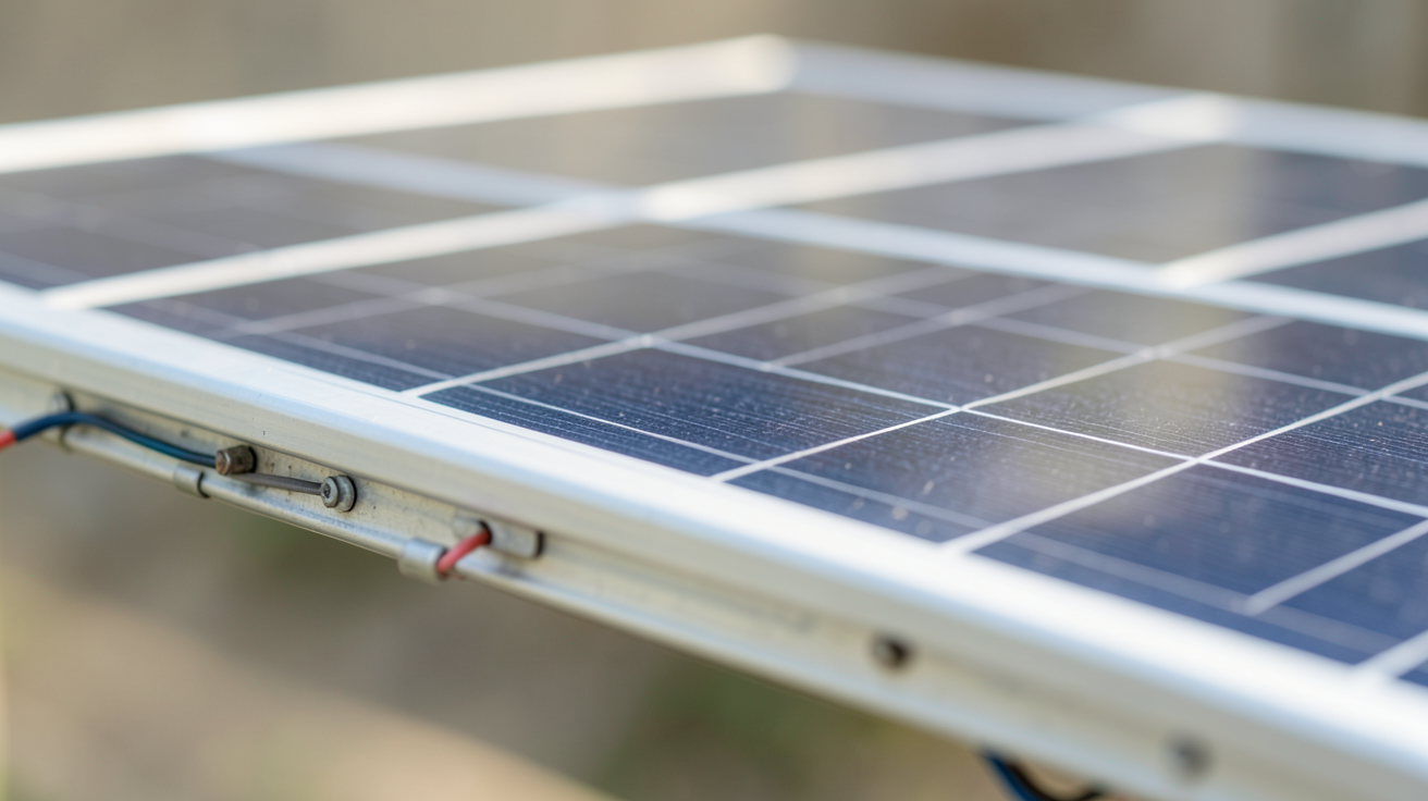 plaque solaire photovoltaïque en gros plan montrant les cellules et les connexions électriques