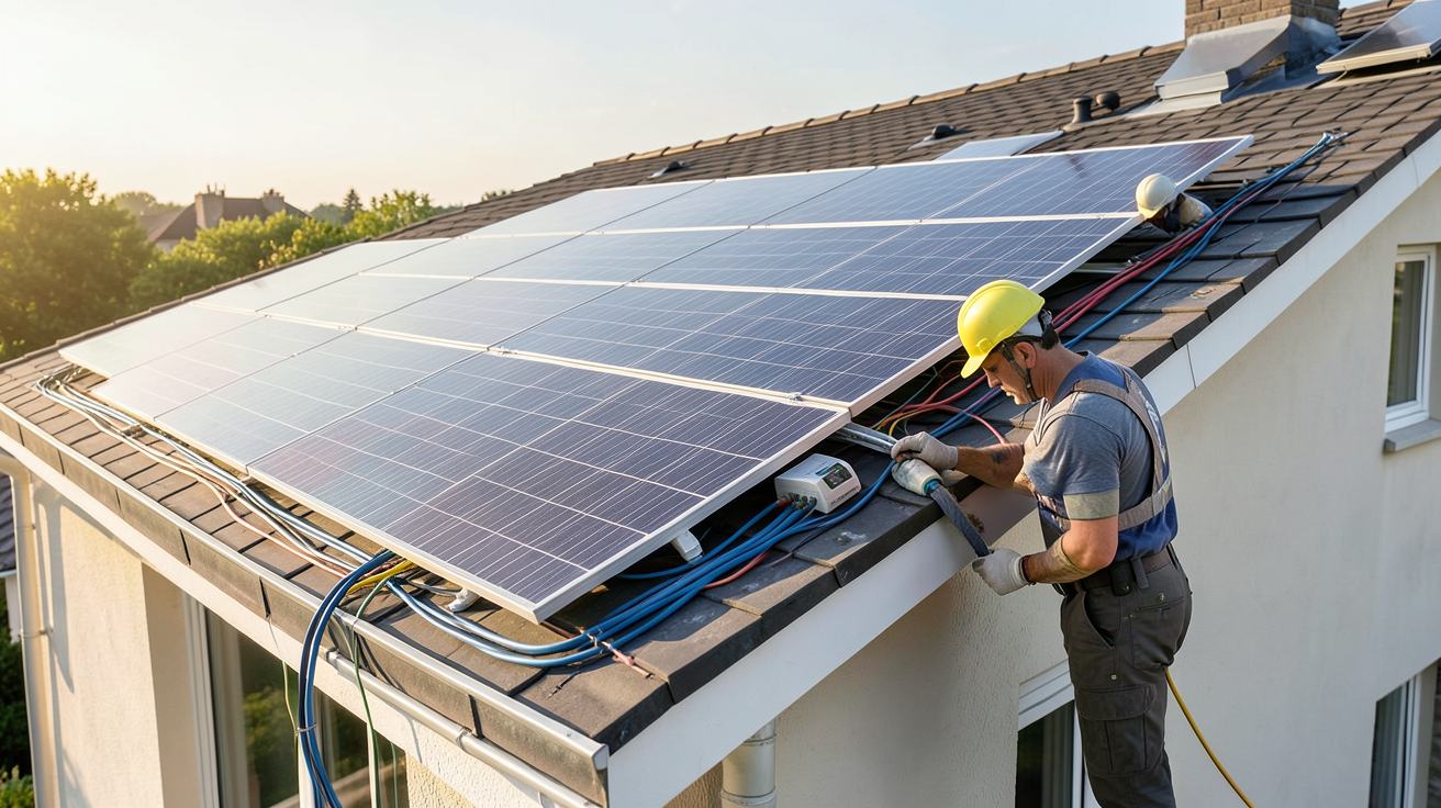 plaque solaire installation de panneaux solaires sur toit de maison individuelle avec ouvriers professionnels en 2024