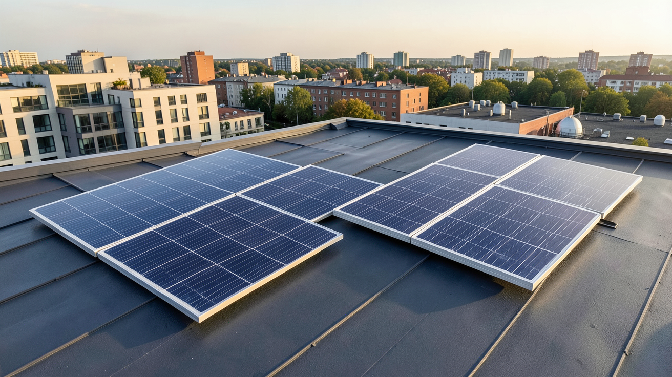 plaque solaire photovoltaïque et thermique installées sur le toit d'une maison urbaine moderne