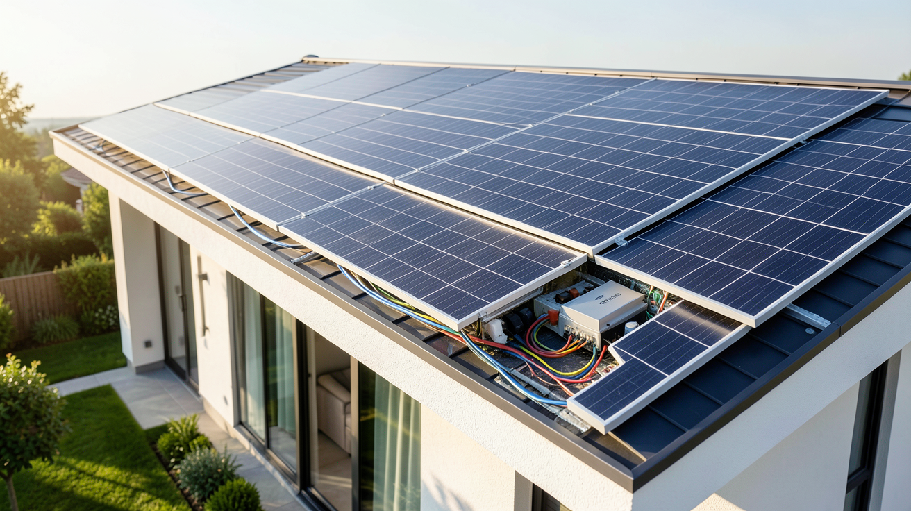plaque solaire pour maison montrant le fonctionnement détaillé des cellules photovoltaïques sur un toit moderne
