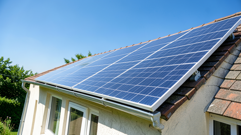 plaque solaire pour maison installée sur le toit d'une maison individuelle par une journée ensoleillée d'été