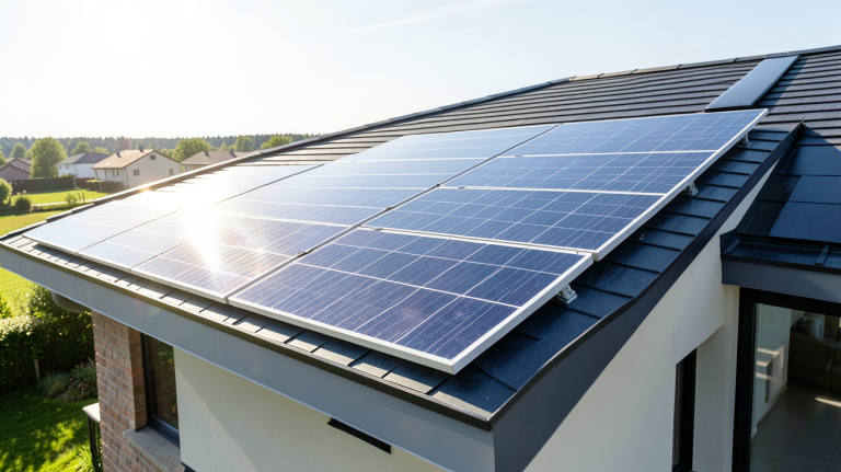 plaque solaire installée sur le toit d'une résidence moderne sous un ciel clair