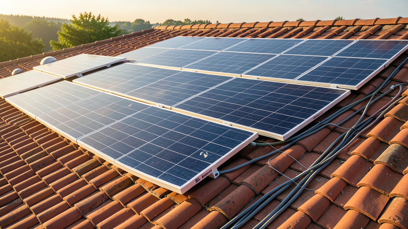 plaques photovoltaïques de différentes technologies et marques installées sur un toit résidentiel