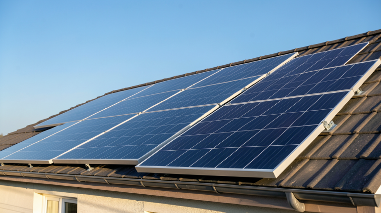 plaques photovoltaïques installées sur le toit d'une maison avec vue sur le ciel bleu