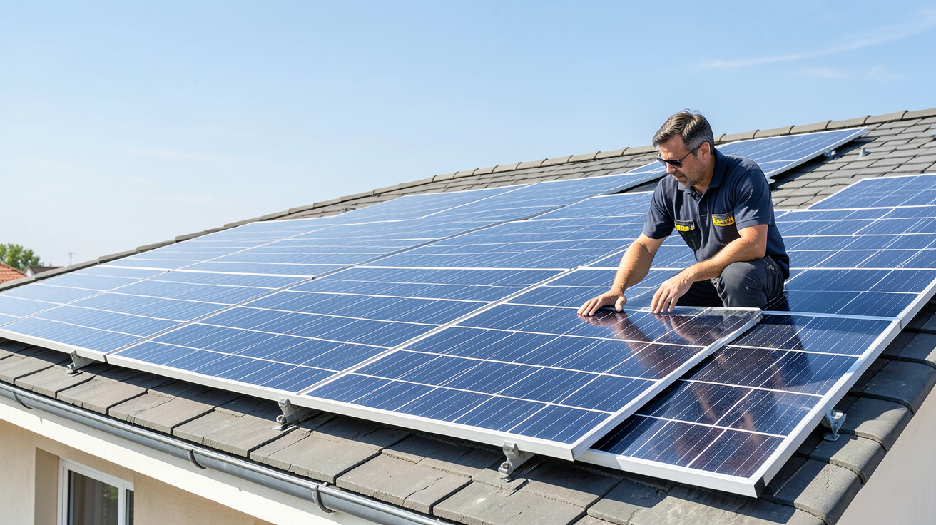 plaques solaires photovoltaiques montrant un technicien qui inspecte des panneaux installés sur un toit, illustrant les critères de performance et d'intégration