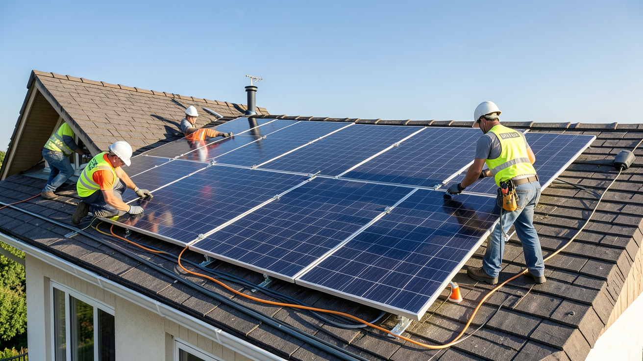 plaques solaires photovoltaïques en cours d'installation sur le toit d'une maison avec des techniciens