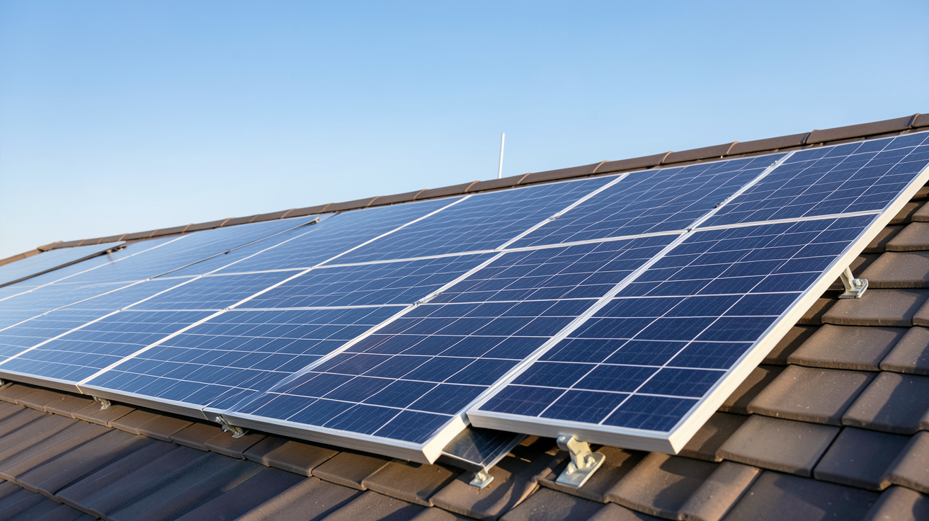 plaques solaires photovoltaïques installées sur un toit avec un ciel bleu clair en arrière-plan