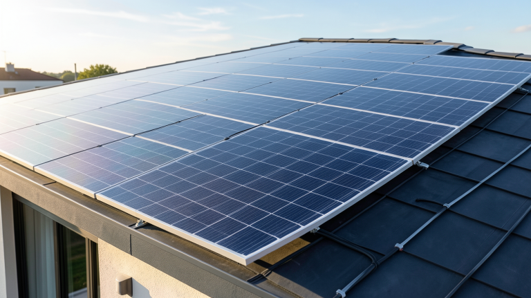 plaques solaires photovoltaïques installées sur le toit d'une maison écologique