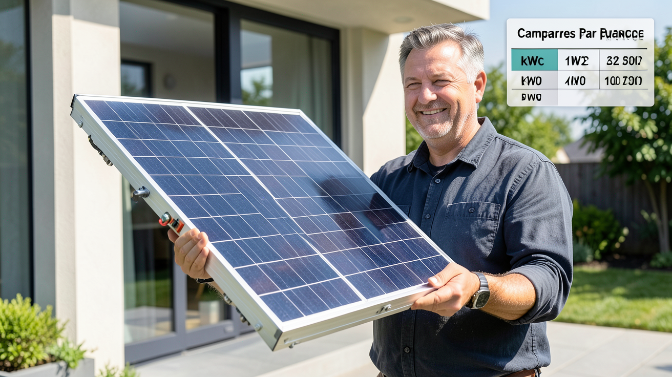 plaques solaires prix 2024 : coût moyen par puissance en kWc affiché sur un tableau comparatif à côté d'un installateur professionnel avec une plaque solaire en main