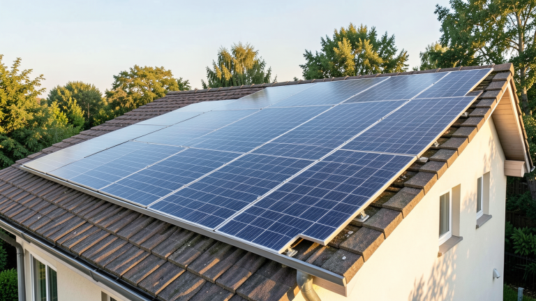 plaques solaires photovoltaïques installées sur le toit d'une maison, vue en perspective