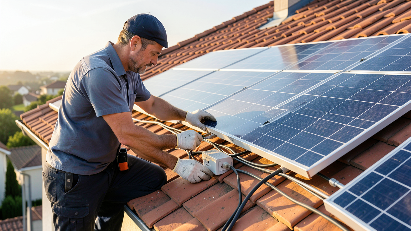 plug and play photovoltaïque : installation sur toit avec installateur vérifiant les connexions électriques et respectant les étapes de sécurité