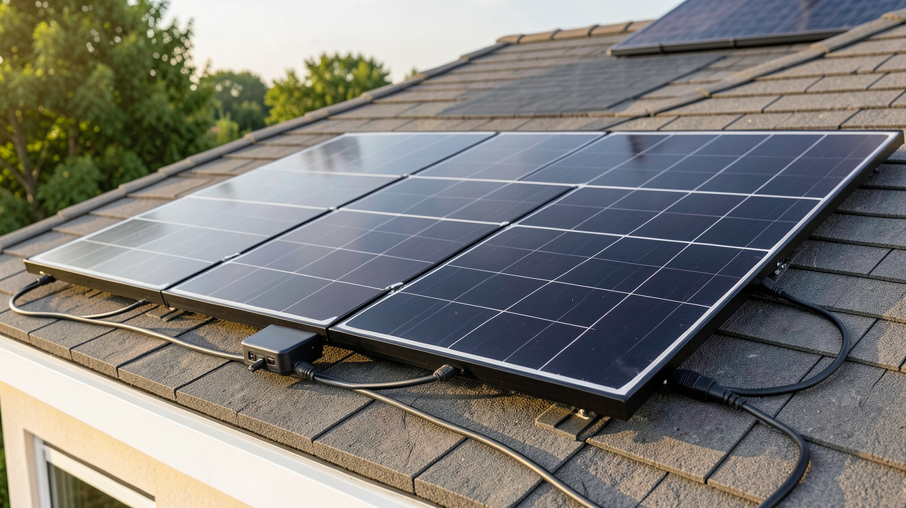 plug and play photovoltaïque kit solaire posé sur un toit de maison avec panneaux noirs et micro-onduleur