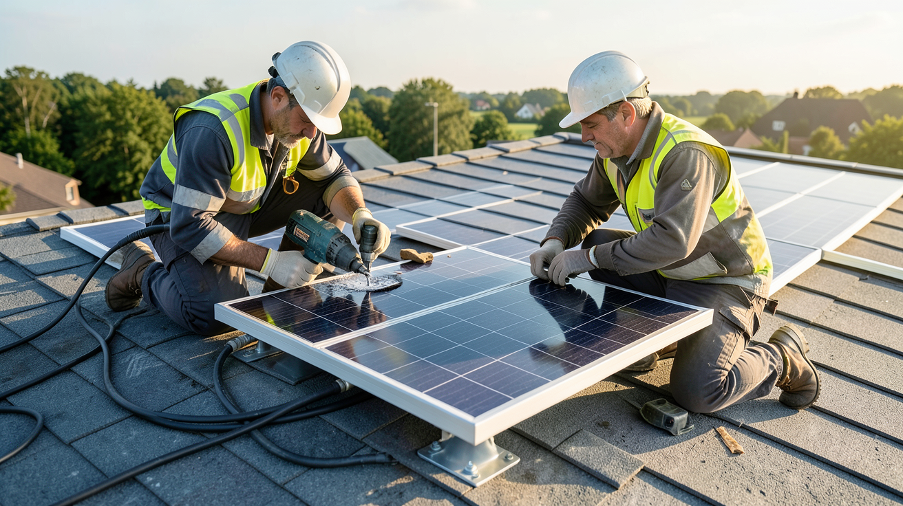 plug and play solaire en cours d'installation sur un toit avec un professionnel en sécurité