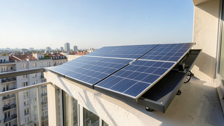 plug and play solaire installé sur un balcon d'appartement en ville avec vue sur les bâtiments environnants