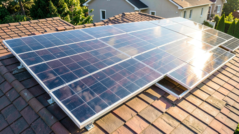panneaux solaires polycristallins installés sur le toit d'une maison résidentielle