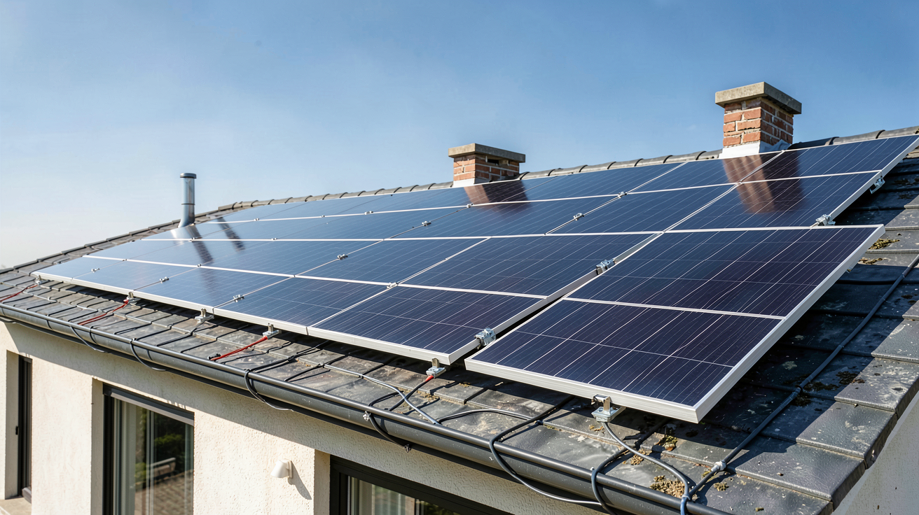 système polycristallin installé sur le toit d'une maison en rénovation énergétique