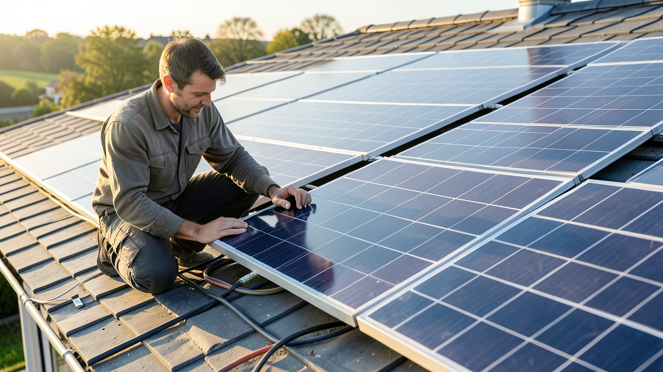 pompe à chaleur photovoltaïque : technicien dimensionnant une installation photovoltaïque sur un toit résidentiel
