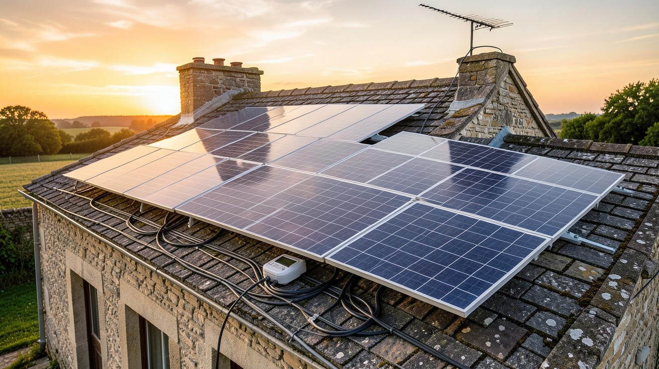 pompe à chaleur photovoltaique installée sur une maison rurale en France avec des panneaux solaires