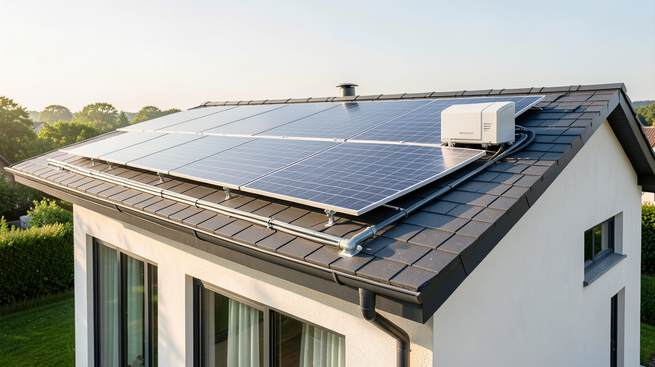 pompe à chaleur photovoltaïque installée sur le toit d'une maison moderne lors d'une installation couplée