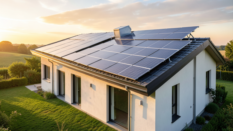 pompe à chaleur photovoltaique installée sur le toit d'une maison écologique avec panneaux solaires
