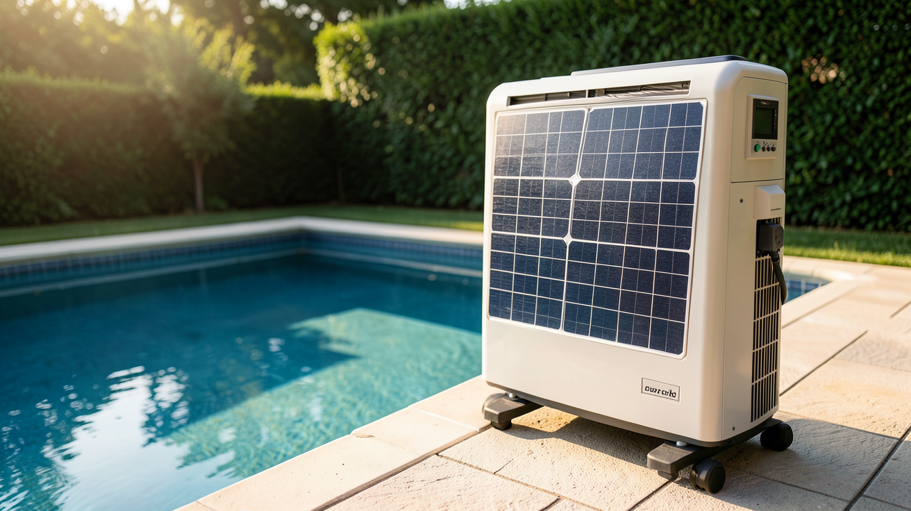 pompe à chaleur solaire pour piscine installée à côté d'une piscine extérieure, mettant en avant les panneaux solaires et le boîtier de contrôle