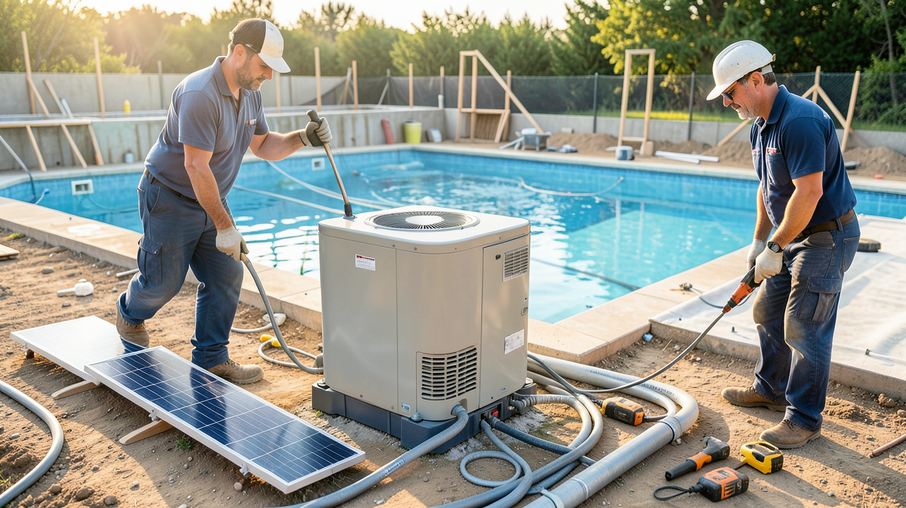 pompe à chaleur solaire pour piscine lors des étapes d'installation par des techniciens