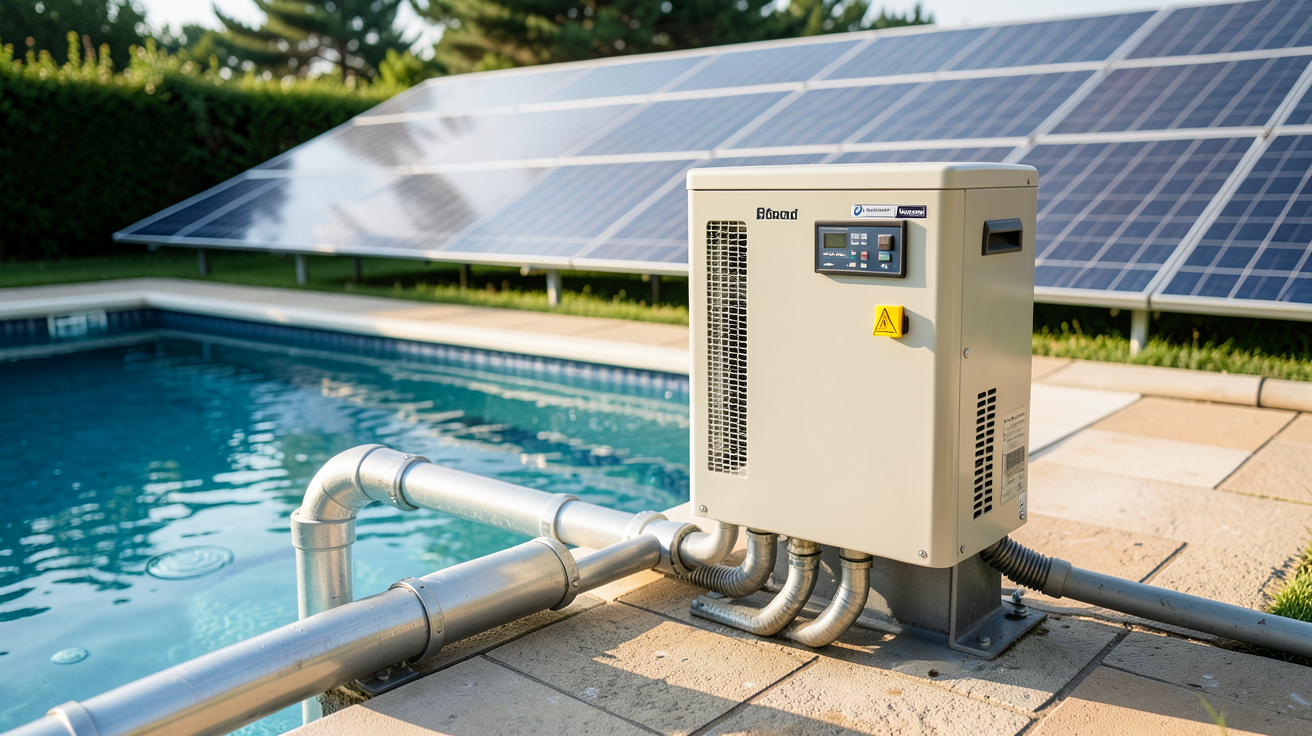 pompe à chaleur solaire piscine en fonctionnement près d'une piscine extérieure avec panneaux solaires thermiques