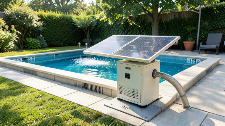 pompe à chaleur solaire pour piscine installée à l'extérieur près d'une piscine