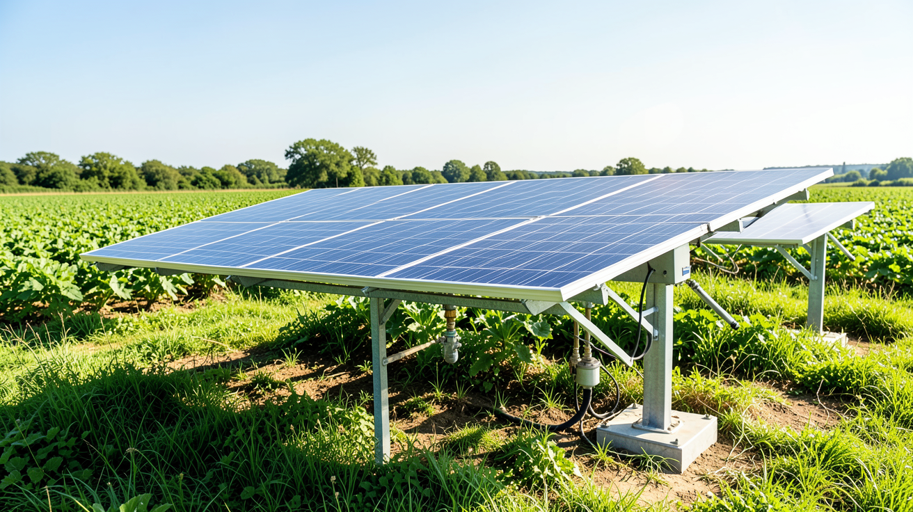 pompe à eau solaire avec panneaux photovoltaïques dans un champ agricole
