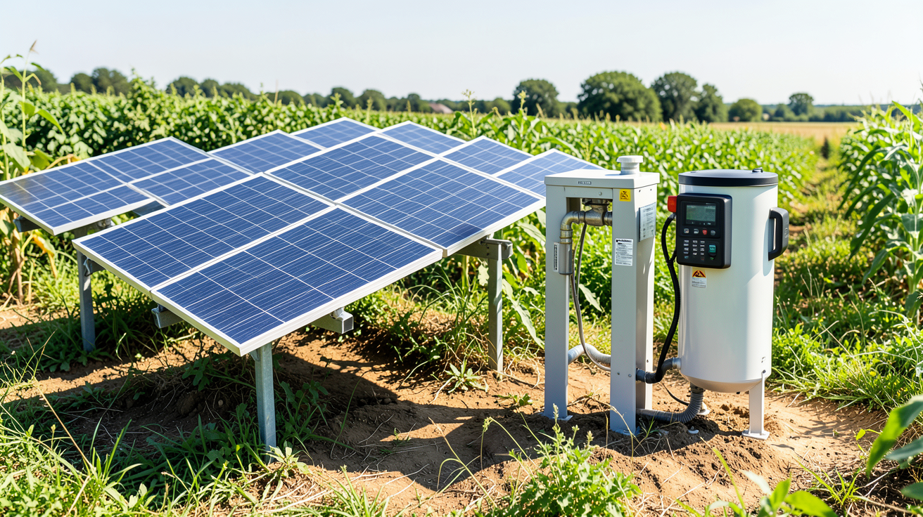 pompe à eau solaire installée dans un champ avec des panneaux photovoltaïques pour l'irrigation