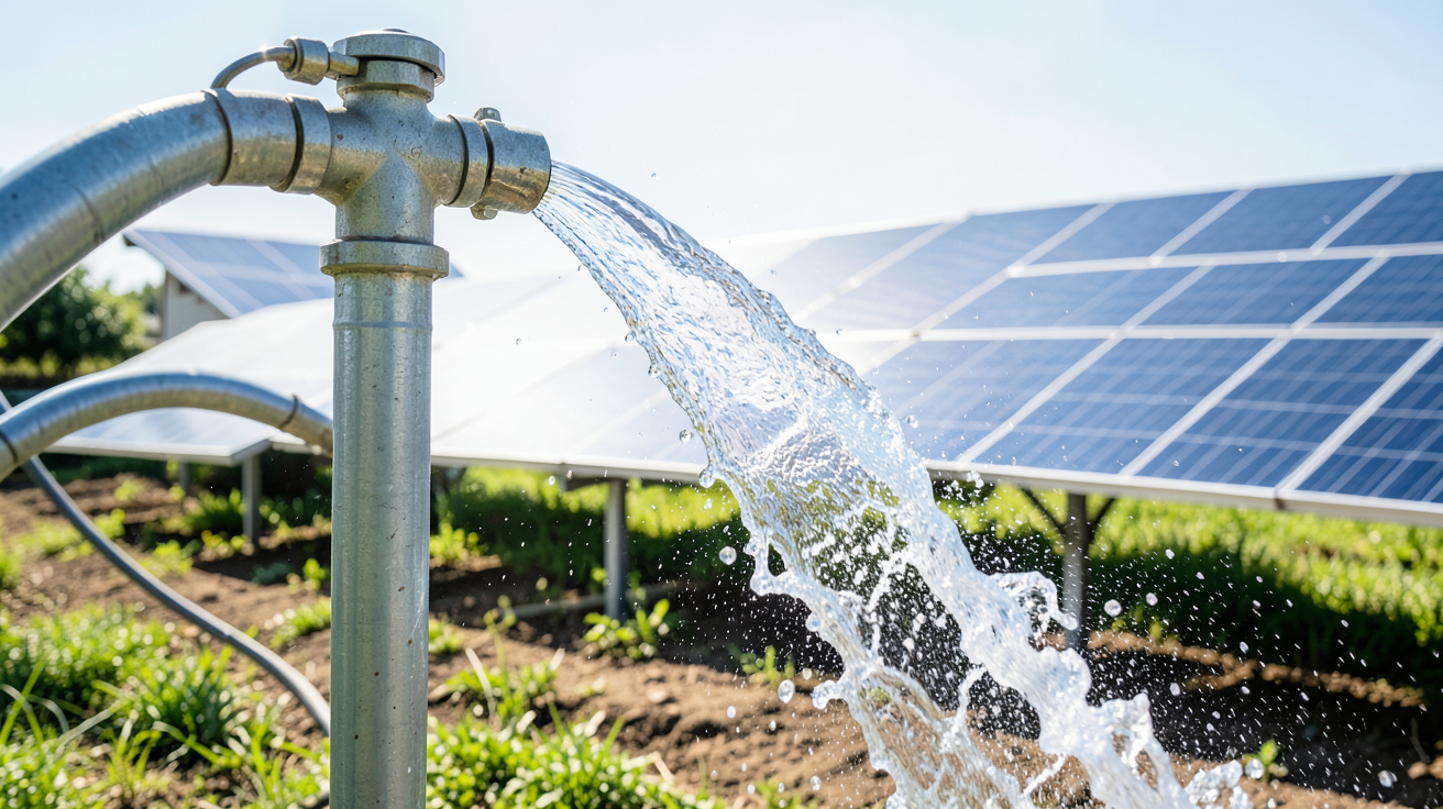 pompe à eau solaire alimentant un système d'irrigation dans un champ agricole sous le soleil
