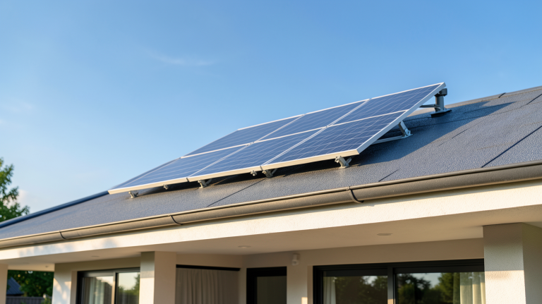 pompe à eau solaire installée sur le toit d'une maison moderne, sous une lumière naturelle éclatante