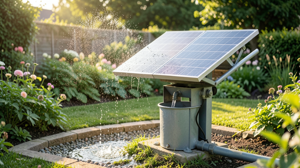 pompe de jardin solaire en fonctionnement avec eau jaillissante dans un jardin paysager