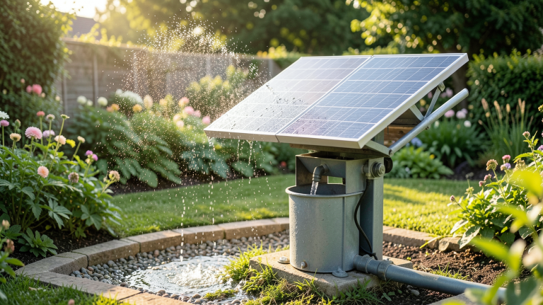 pompe de jardin solaire en fonctionnement avec eau jaillissante dans un jardin paysager